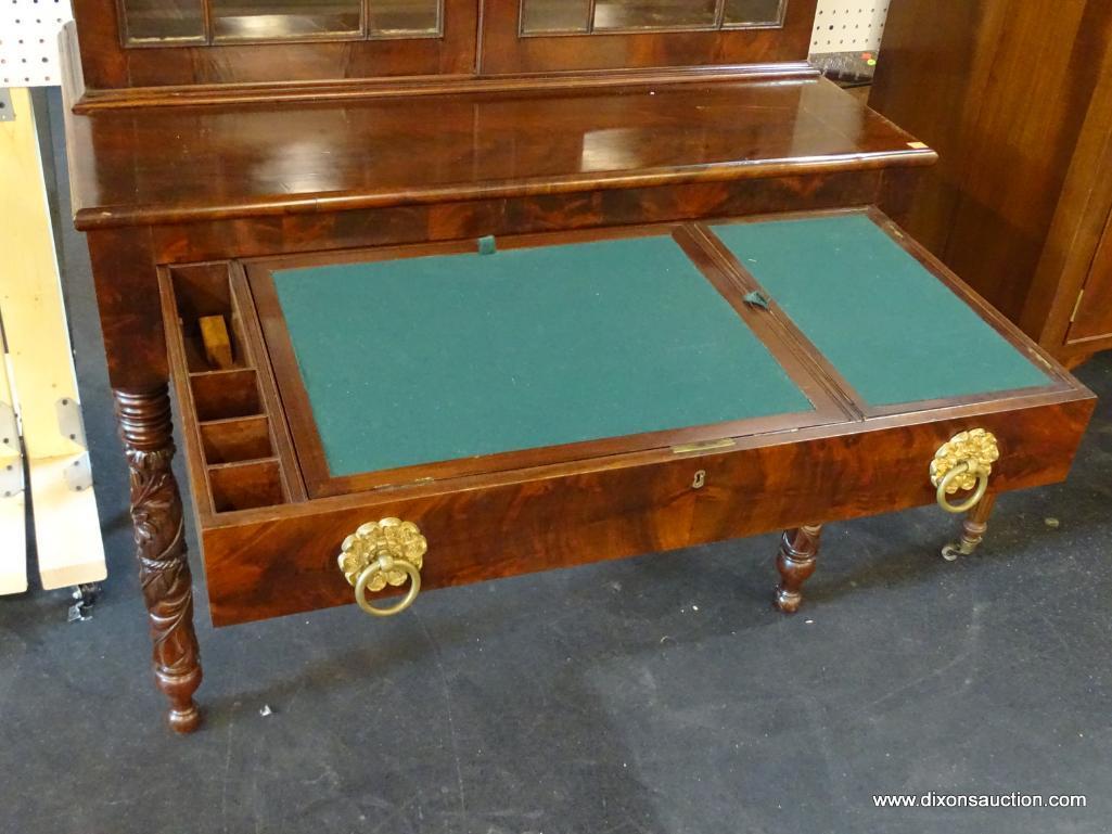 EXQUISITE FLAME MAHOGANY PULL OUT DRAWER WRITING DESK WITH A 24 PANE BOOKCASE TOP. VERY RARE. FROM