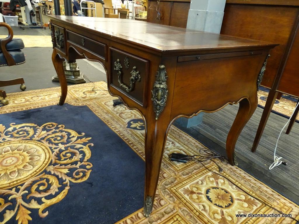 DREXEL HERITAGE WRITING DESK; REGENCE STYLE, LEATHER TOP, BUREAU WRITERS DESK WITH 3 DRAWERS, 2 PULL