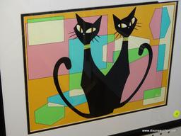 IVY LOWE MID CENTURY MODERN CAT GICLEE PRINT; DEPICTS 2 BLACK CATS BACK TO BACK WITH A COLORFUL,