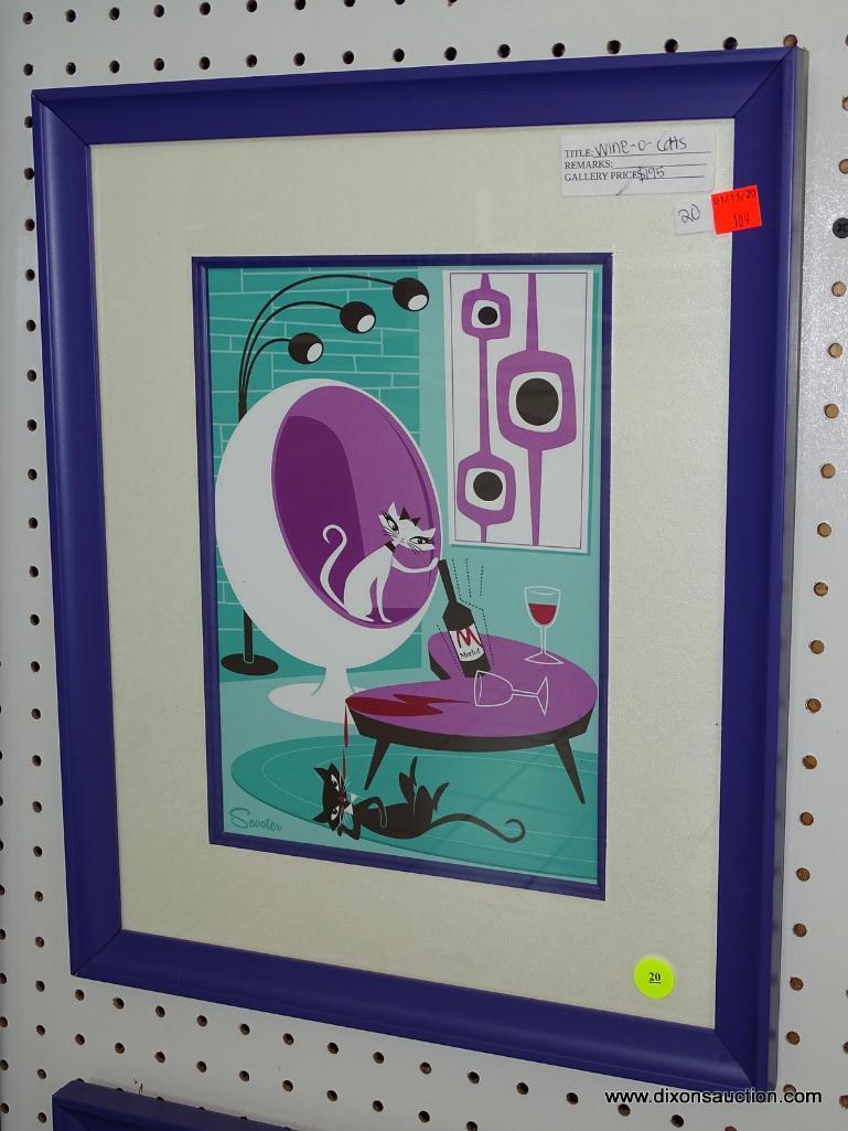 "WINE-O-CATS" MID CENTURY CAT PRINT; FRAMED CAT PRINT BY SCOOTER. SITS IN A PURPLE FRAME WITH A