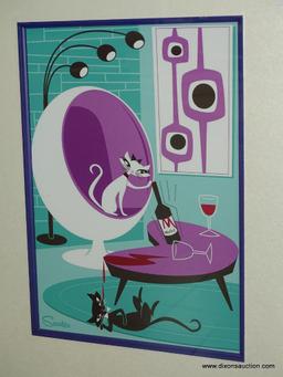 "WINE-O-CATS" MID CENTURY CAT PRINT; FRAMED CAT PRINT BY SCOOTER. SITS IN A PURPLE FRAME WITH A