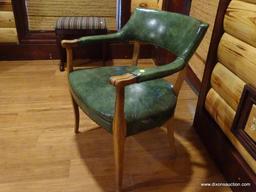 (BDEN) VINTAGE GREEN LEATHER CLUB CHAIR; MARBLE GREEN LEATHER WITH NAILHEAD TRIM. MEASURES 2' X 1'