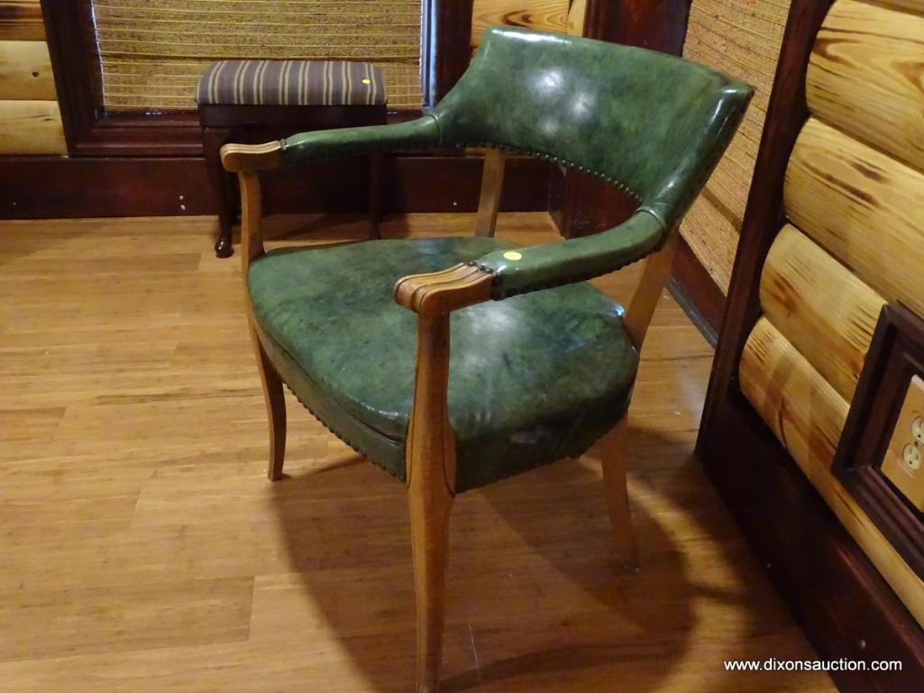 (BDEN) VINTAGE GREEN LEATHER CLUB CHAIR; MARBLE GREEN LEATHER WITH NAILHEAD TRIM. MEASURES 2' X 1'