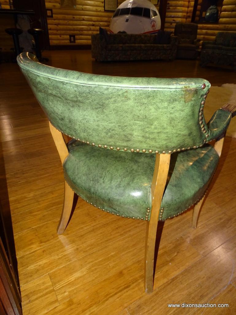 (BDEN) VINTAGE GREEN LEATHER CLUB CHAIR; MARBLE GREEN LEATHER WITH NAILHEAD TRIM. MEASURES 2' X 1'