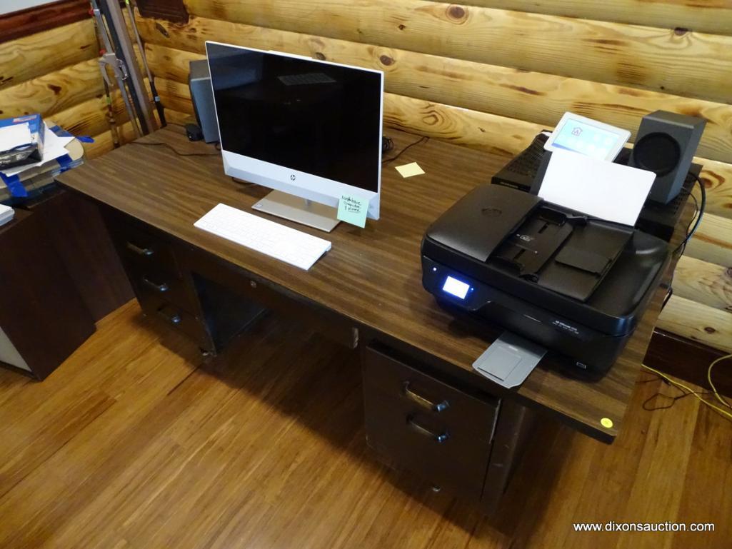 (BOFF) VINTAGE EXECUTIVE OFFICE DESK; WOOD GRAINED TOP, SIX DOVETAILED DRAWERS, SITS ON METAL