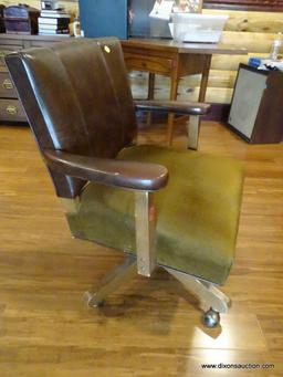 (BOFF) VINTAGE WOODEN OFFICE CHAIR; LEATHER BACK & ARMS WITH FABRIC CUSHION BOTTOM. SITS ON WHEELS.