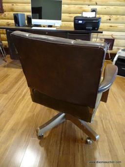 (BOFF) VINTAGE WOODEN OFFICE CHAIR; LEATHER BACK & ARMS WITH FABRIC CUSHION BOTTOM. SITS ON WHEELS.