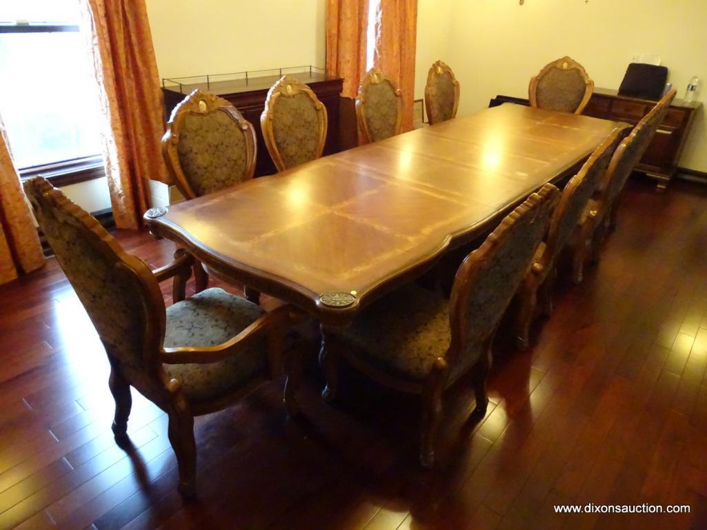 (DR) CUSTOM MADE CONTEMPORARY DINING TABLE & CHAIR SET; TABLE IS TWO TONED, SITS ON A DOUBLE