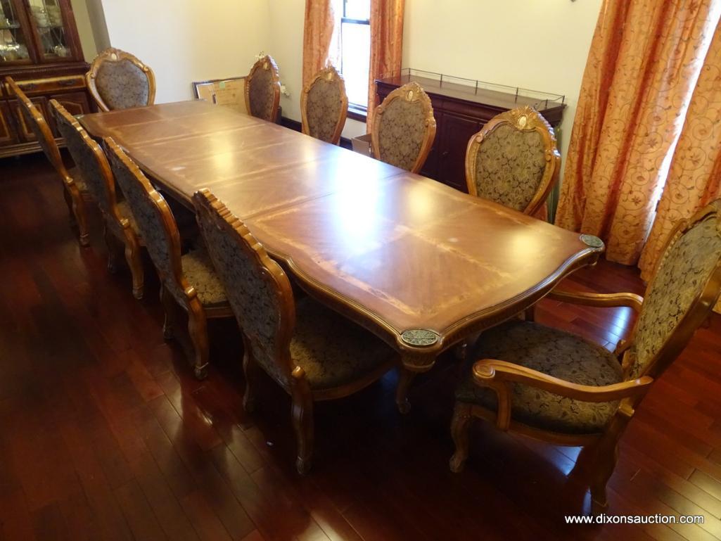 (DR) CUSTOM MADE CONTEMPORARY DINING TABLE & CHAIR SET; TABLE IS TWO TONED, SITS ON A DOUBLE