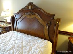 (MBR) MICHAEL AMINI KING SIZE CUSTOM MADE BED; BEAUTIFUL TWO-TONE WOOD SLEIGH BED WITH FAN CARVED