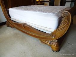 (MBR) MICHAEL AMINI KING SIZE CUSTOM MADE BED; BEAUTIFUL TWO-TONE WOOD SLEIGH BED WITH FAN CARVED