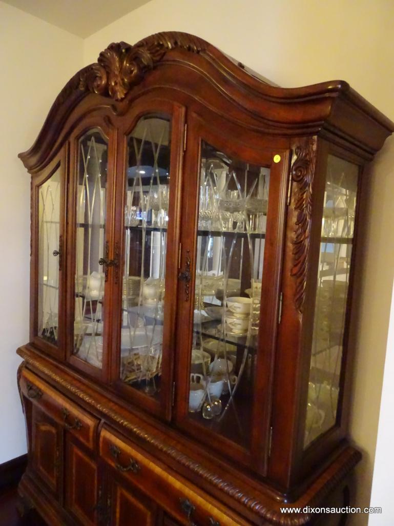 (DR) CUSTOM MADE 2 PC. CONTEMPORARY CHINA CABINET; CARVED SCROLL & LEAF DETAILED, ROPE DETAILING
