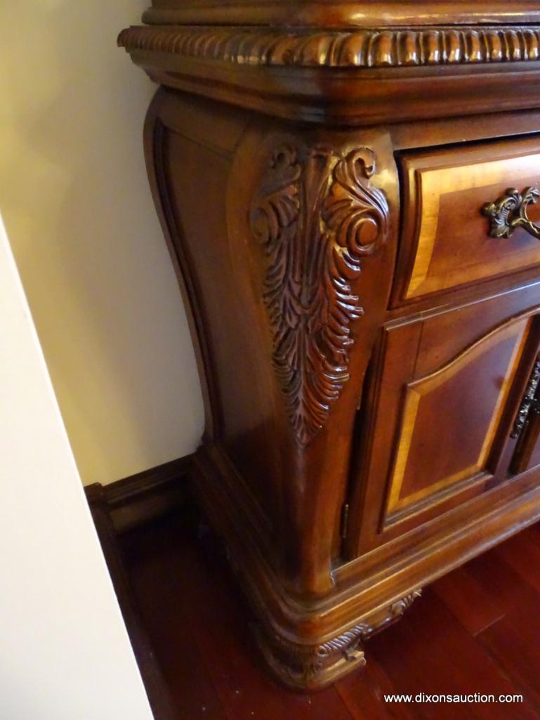 (DR) CUSTOM MADE 2 PC. CONTEMPORARY CHINA CABINET; CARVED SCROLL & LEAF DETAILED, ROPE DETAILING