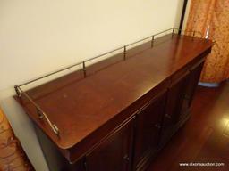 (DR) VINTAGE MAHOGANY SIDEBOARD; BRASS GALLERY ON TOP, INLAID DETAILING AROUND THE TOP, ROUNDED