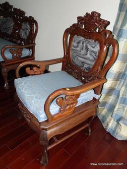 (LR) HEAVILY CARVED ORIENTAL ARM CHAIR; BLACK & WHITE MARBLE BACK, DRAGON CARVED BACK & ARMS, BALL &