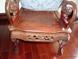 (LR) HEAVILY CARVED ORIENTAL ARM CHAIR; BLACK & WHITE MARBLE BACK, DRAGON CARVED BACK & ARMS, BALL &