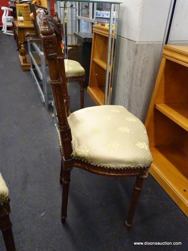 (WINDOW) PAIR OF PIERCED SPLAT CHAIRS; TWO ELEGANT CHAIRS WITH A FLOWER PATTERNED, GOLD TONED