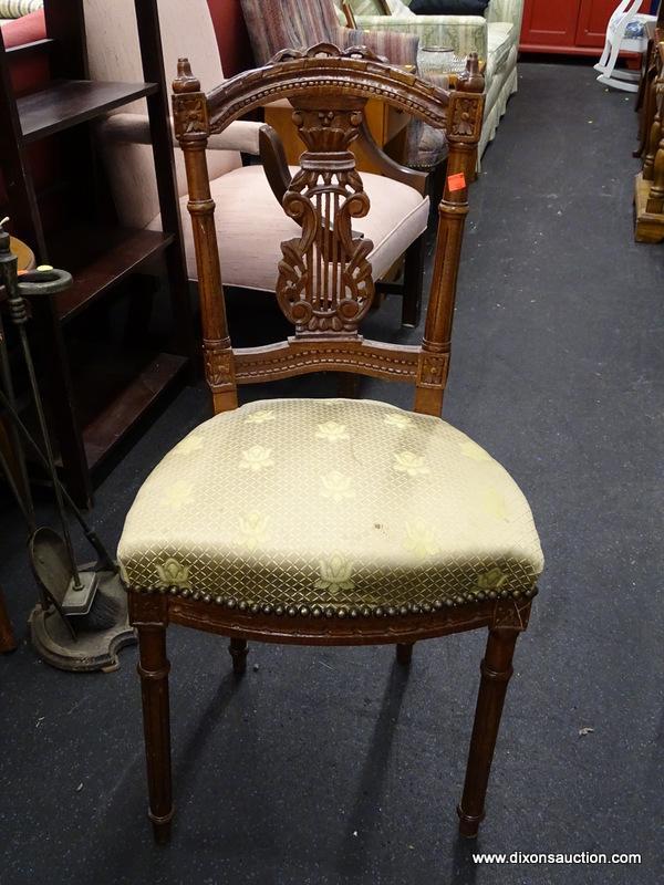 (WINDOW) PAIR OF PIERCED SPLAT CHAIRS; TWO ELEGANT CHAIRS WITH A FLOWER PATTERNED, GOLD TONED