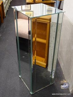 (WINDOW) MIRROR DISPLAY PEDESTAL; CAPTIVATING MIRROR PEDESTAL WITH SQUARE BASE. HAS BEVELED GLASS