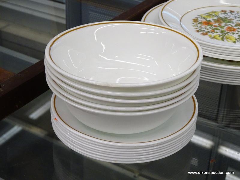 (WINDOW) SET OF CORELLE BY CORNING DISHWARE; 35 PIECE SET OF VITRELLE DISHWARE, WHITE IN COLOR.