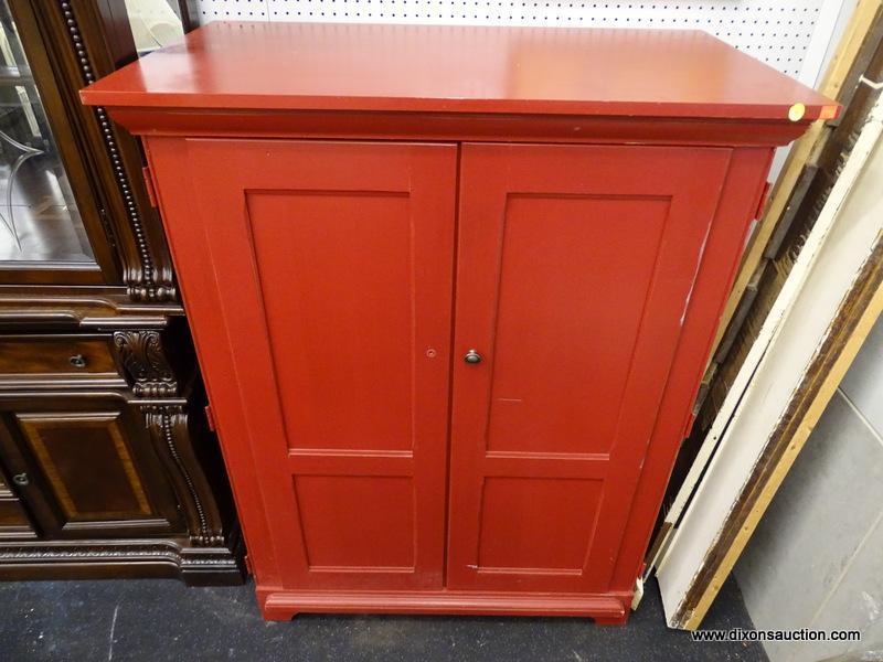 (BWALL) COMPUTER ARMOIRE; WOODEN RED PAINTED COMPUTER ARMOIRE WITH A ROLLOUT DESK, A LOWER ROLLOUT