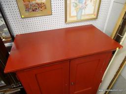(BWALL) COMPUTER ARMOIRE; WOODEN RED PAINTED COMPUTER ARMOIRE WITH A ROLLOUT DESK, A LOWER ROLLOUT