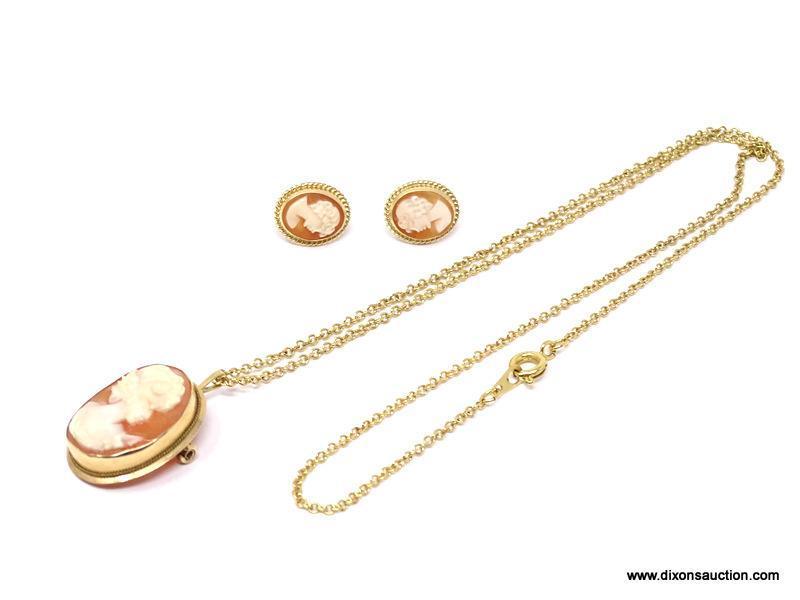 LADIES CARLA CAMEO SET; 14K YELLOW GOLD CAMEO PENDANT ON 18 IN CHAIN WITH MATCHING 14K GOLD CAMEO