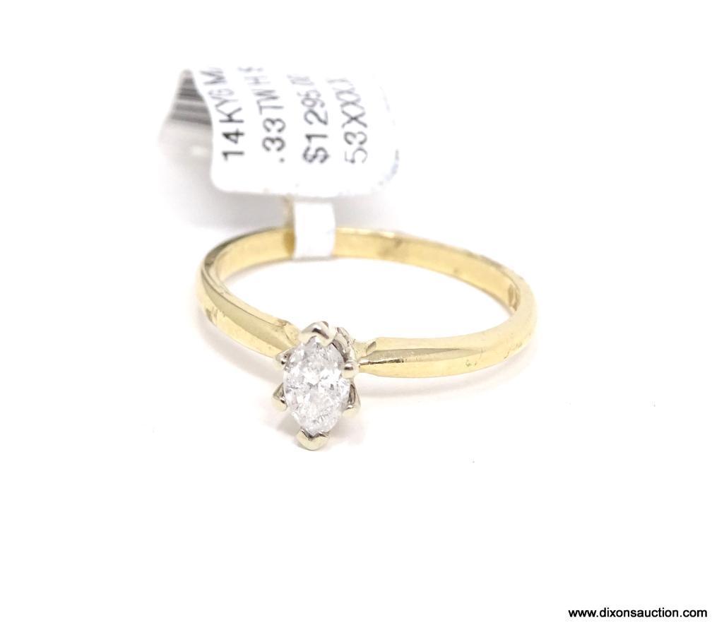 LADIES 14KT YELLOW GOLD & APPROX. .33 CTW MARQUISE CUT DIAMOND ENGAGEMENT RING, RETAILS $ 1295.00,