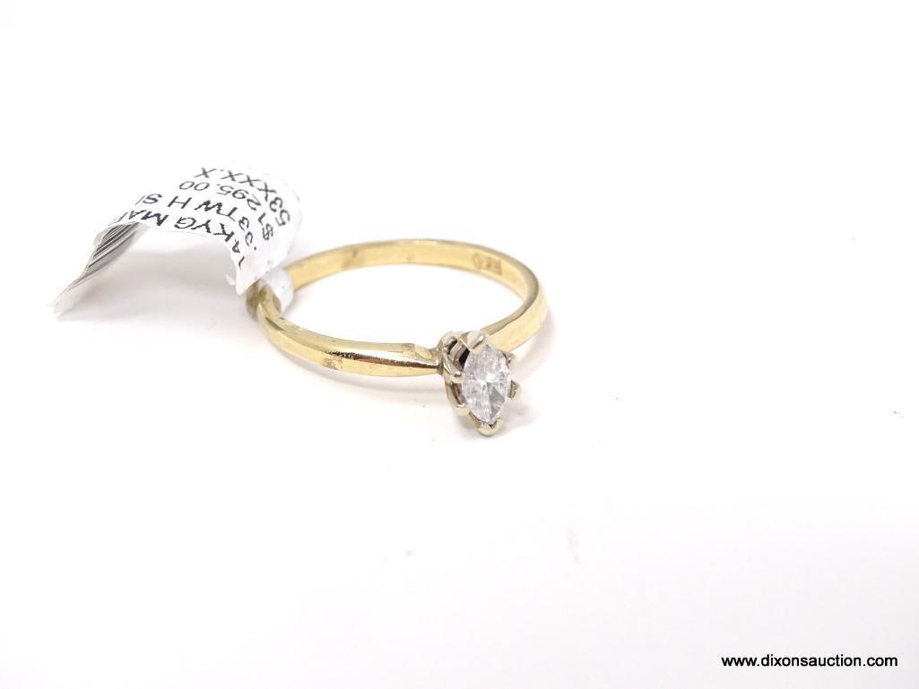 LADIES 14KT YELLOW GOLD & APPROX. .33 CTW MARQUISE CUT DIAMOND ENGAGEMENT RING, RETAILS $ 1295.00,