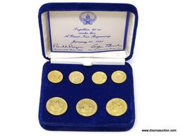 SET OF 1981 RONALD REAGAN "A GREAT NEW BEGINNING" GOLD TONE BLAZER BUTTONS. SET OF 7. COMES IN