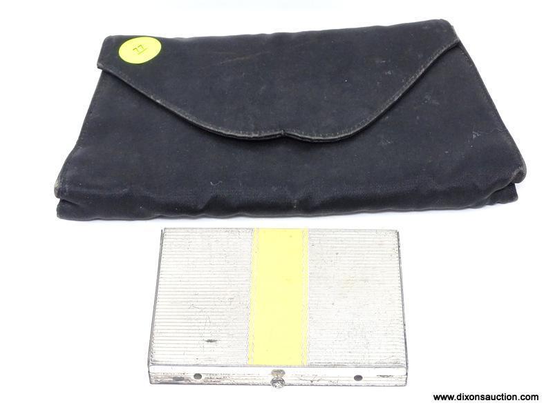 FIFTH AVENUE VINTAGE CLUTCH AND STERLING COMPACT; SMALL BLACK SATIN-LOOK CLUTCH WITH SNAP CLOSURE