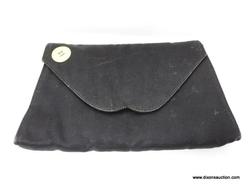 FIFTH AVENUE VINTAGE CLUTCH AND STERLING COMPACT; SMALL BLACK SATIN-LOOK CLUTCH WITH SNAP CLOSURE