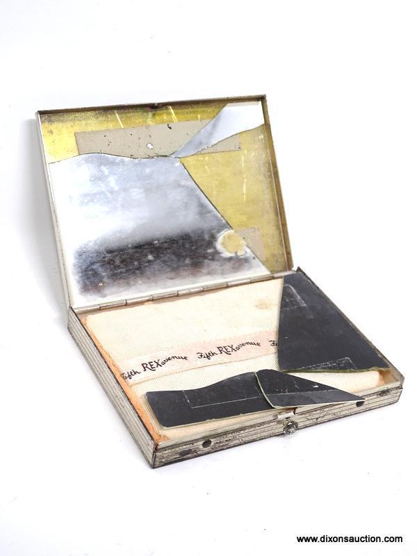 FIFTH AVENUE VINTAGE CLUTCH AND STERLING COMPACT; SMALL BLACK SATIN-LOOK CLUTCH WITH SNAP CLOSURE