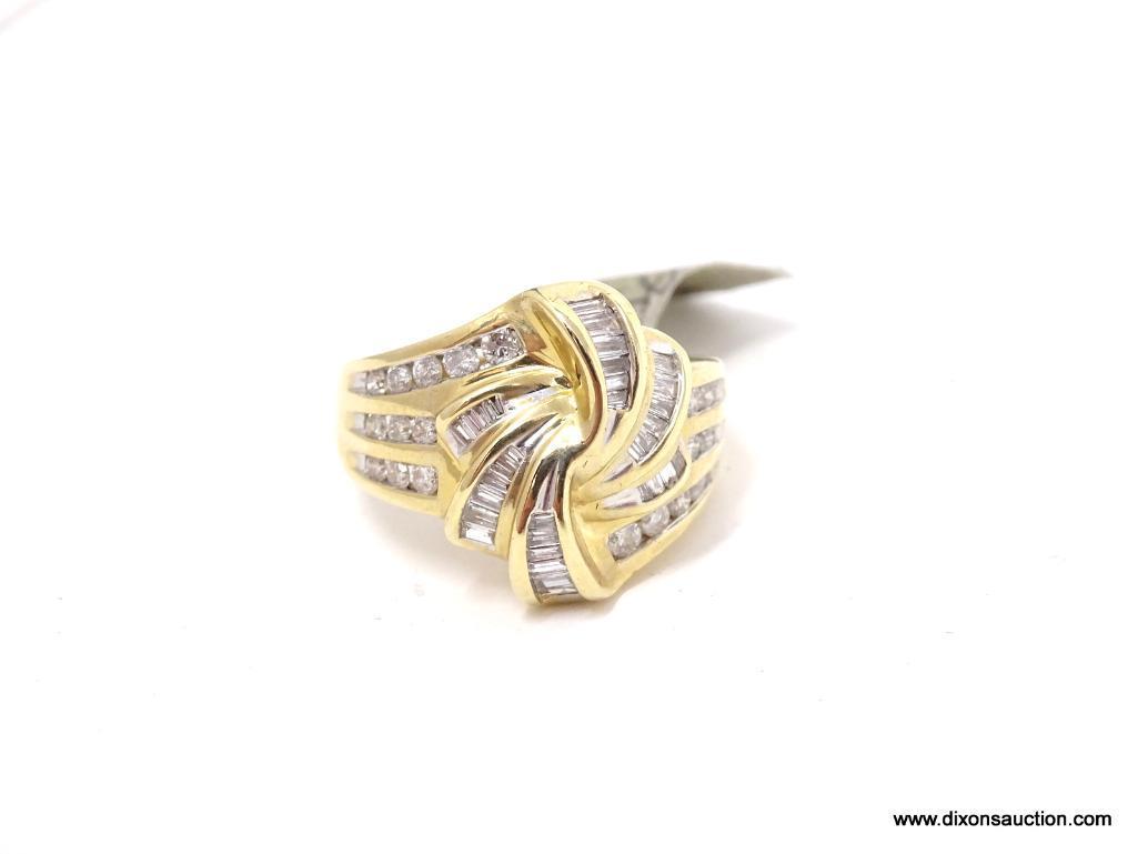 LADIES 10KT YELLOW GOLD & APPROX. 1.00CTW DIAMOND DINNER RING, RETAILS $1995.00. SIZE 7