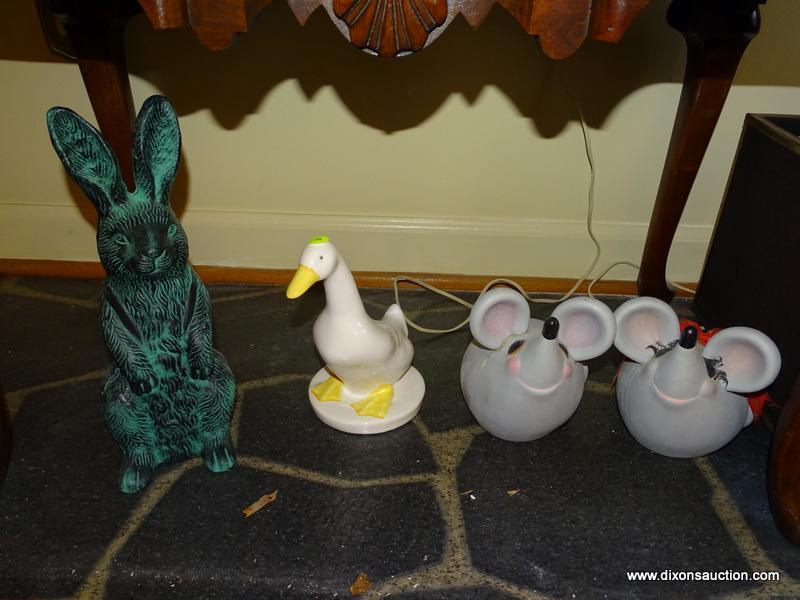 (FOYER) ANIMAL FIGURES; 4 CERAMIC ANIMAL FIGURES- 2 MICE- 7 IN, DUCK-8 IN AND A RABBIT- 13 IN