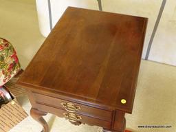 (LR) WELLS FURNITURE COMPANY QUEEN ANNE SIDE TABLE; 1 IN A PAIR OF CHERRY, SINGLE DRAWER, QUEEN ANNE