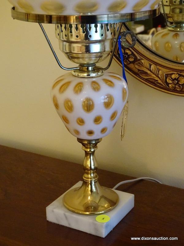 (FOYER) LAMP; FENTON THUMBPRINT OPALESCENT LAMP WITH MATCHING SHADE- 21 IN