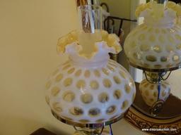 (FOYER) LAMP; FENTON THUMBPRINT OPALESCENT LAMP WITH MATCHING SHADE- 21 IN