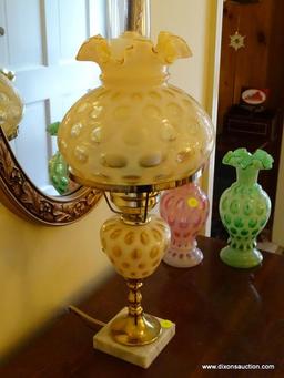 (FOYER) LAMP; FENTON THUMBPRINT OPALESCENT LAMP WITH MATCHING SHADE- 21 IN