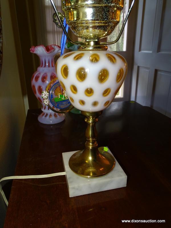 (FOYER) LAMP; FENTON THUMBPRINT OPALESCENT LAMP WITH MATCHING SHADE- 21 IN