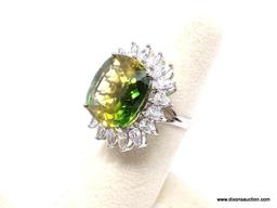 .925 YELLOW AMETRINE RING; .925 AAA TOP QUALITY, NEW GORGEOUS 25+ CT GREEN YELLOW AMETRINE CUSHION