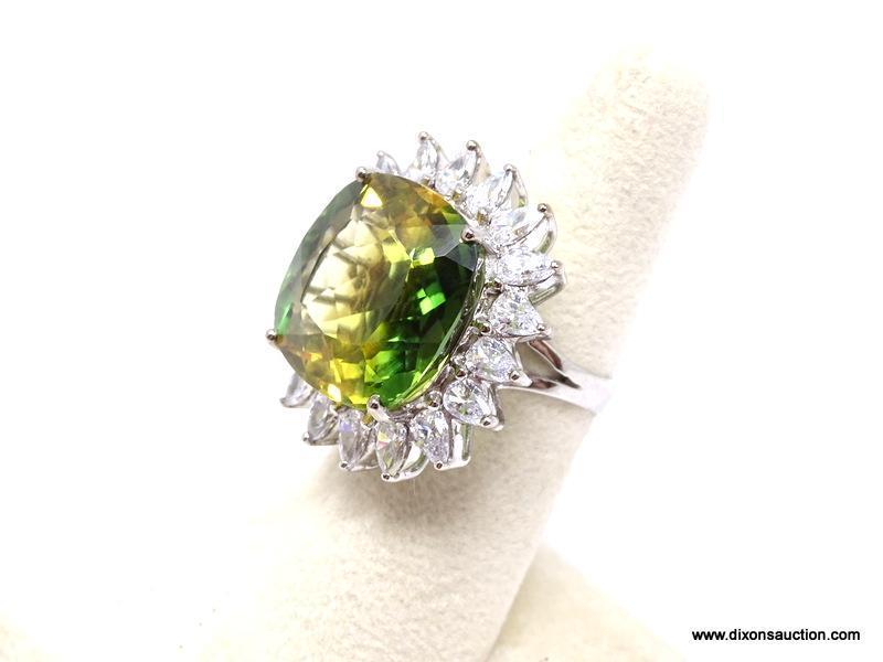 .925 YELLOW AMETRINE RING; .925 AAA TOP QUALITY, NEW GORGEOUS 25+ CT GREEN YELLOW AMETRINE CUSHION