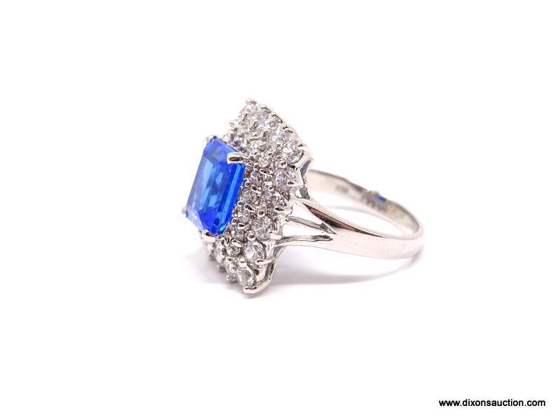 .925 SWISS BLUE TOPAZ RING; NEW AAA TOP QUALITY INTENSE EMERALD CUT SWISS BLUE TOPAZ WITH 35 DIAMOND