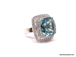 .925 AQUAMARINE RING; AAA TOP QUALITY NEW 20+ CT UNHEATED AQUA BLUE SANTA MARIA AQUAMARINE CUSHION