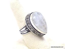 .925 MOONSTONE RING; GORGEOUS NEW AAA QUALITY OVAL SHAPED DETAILED MOONSTONE RING WITH WIDE BAND.