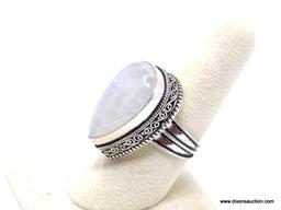 .925 MOONSTONE RING; GORGEOUS NEW AAA QUALITY OVAL SHAPED DETAILED MOONSTONE RING WITH WIDE BAND.