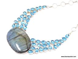 .925 LABRADORITE NECKLACE; NEW AAA TOP QUALITY .925 STERLING SILVER 18"-22" NECKLACE WITH HUGE BLUE