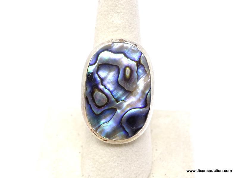 .925 ABALONE RING; CHARMING NEW WIDE BAND ABALONE SHELL RING. SIZE 8. RETAIL PRICE $79.00.