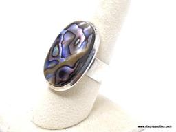 .925 ABALONE RING; CHARMING NEW WIDE BAND ABALONE SHELL RING. SIZE 8. RETAIL PRICE $79.00.