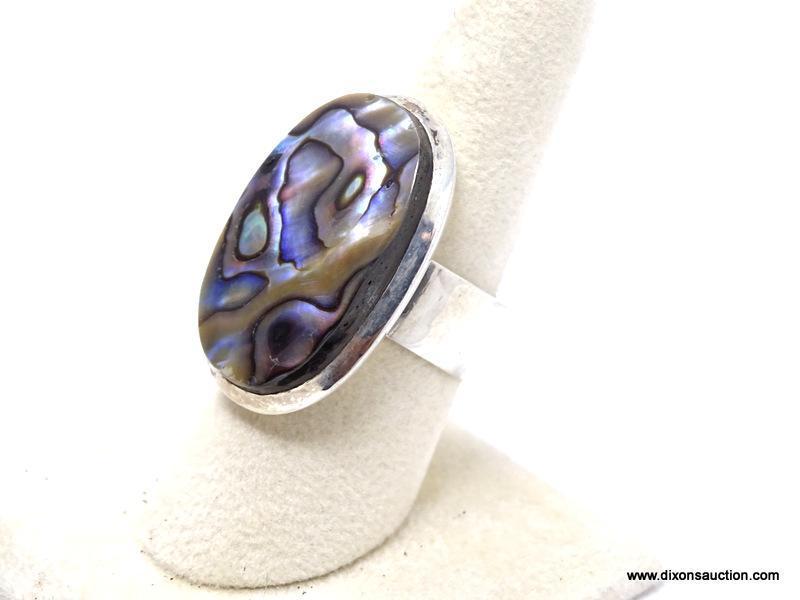 .925 ABALONE RING; CHARMING NEW WIDE BAND ABALONE SHELL RING. SIZE 8. RETAIL PRICE $79.00.